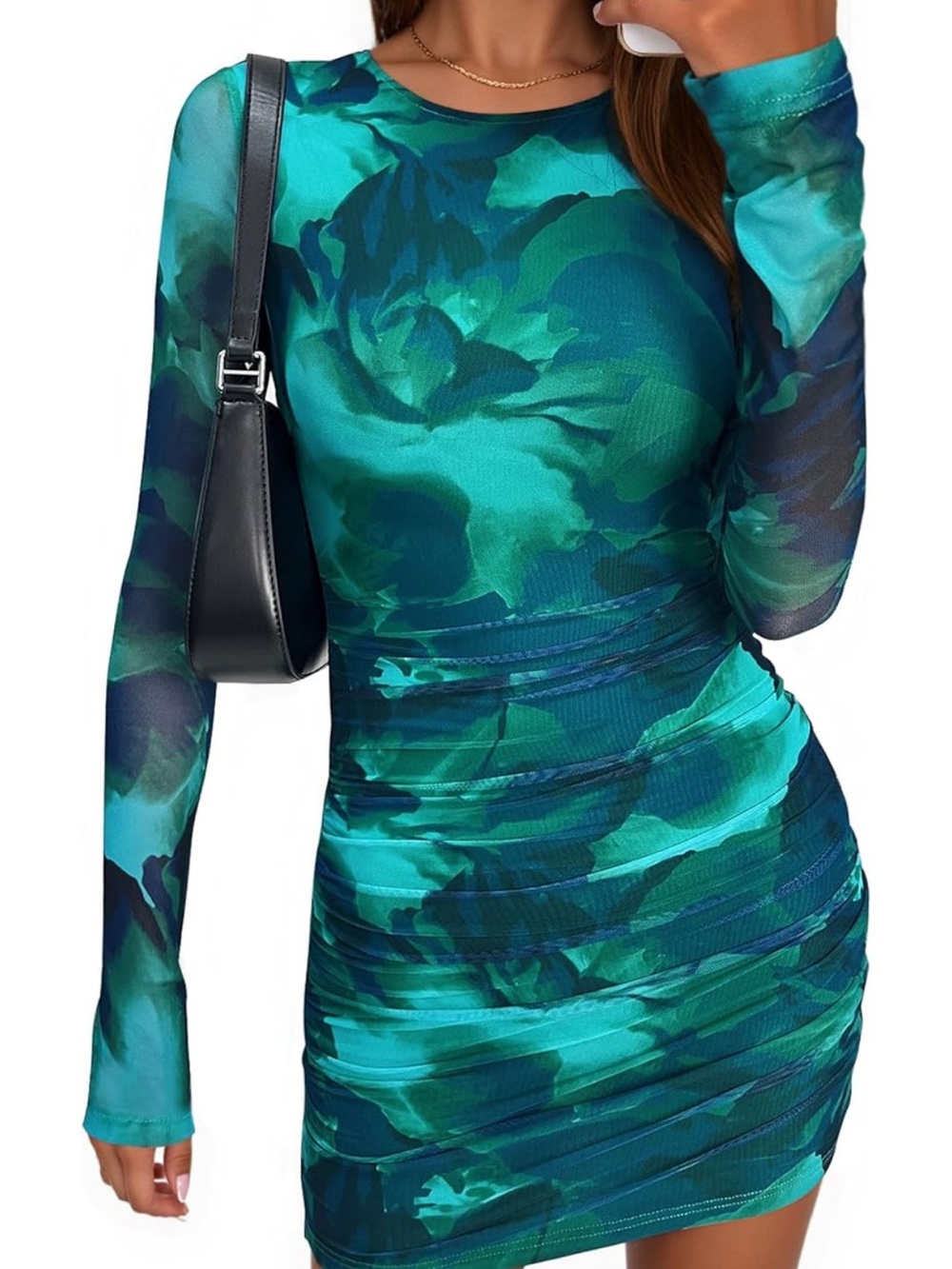 Long Sleeve Teal Floral Bodycon Dress